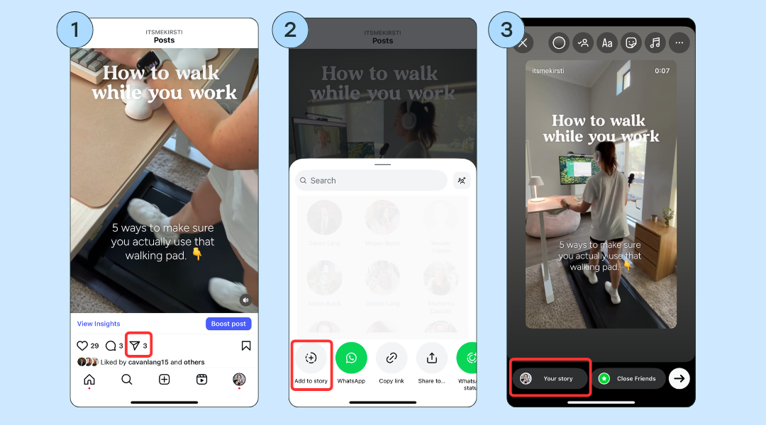 screenshots showing how to share an instagram post as a story