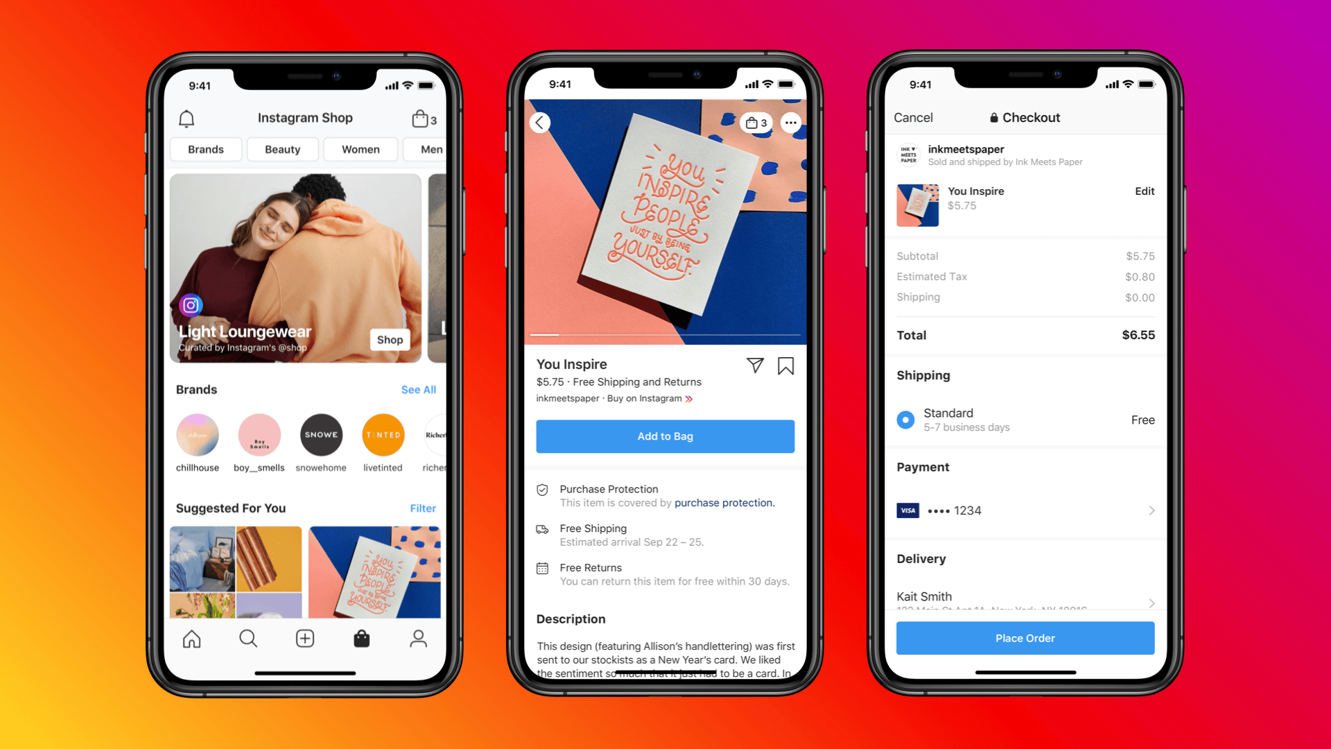 screenshots of how Instagram shop store fronts and product pages will look for users.