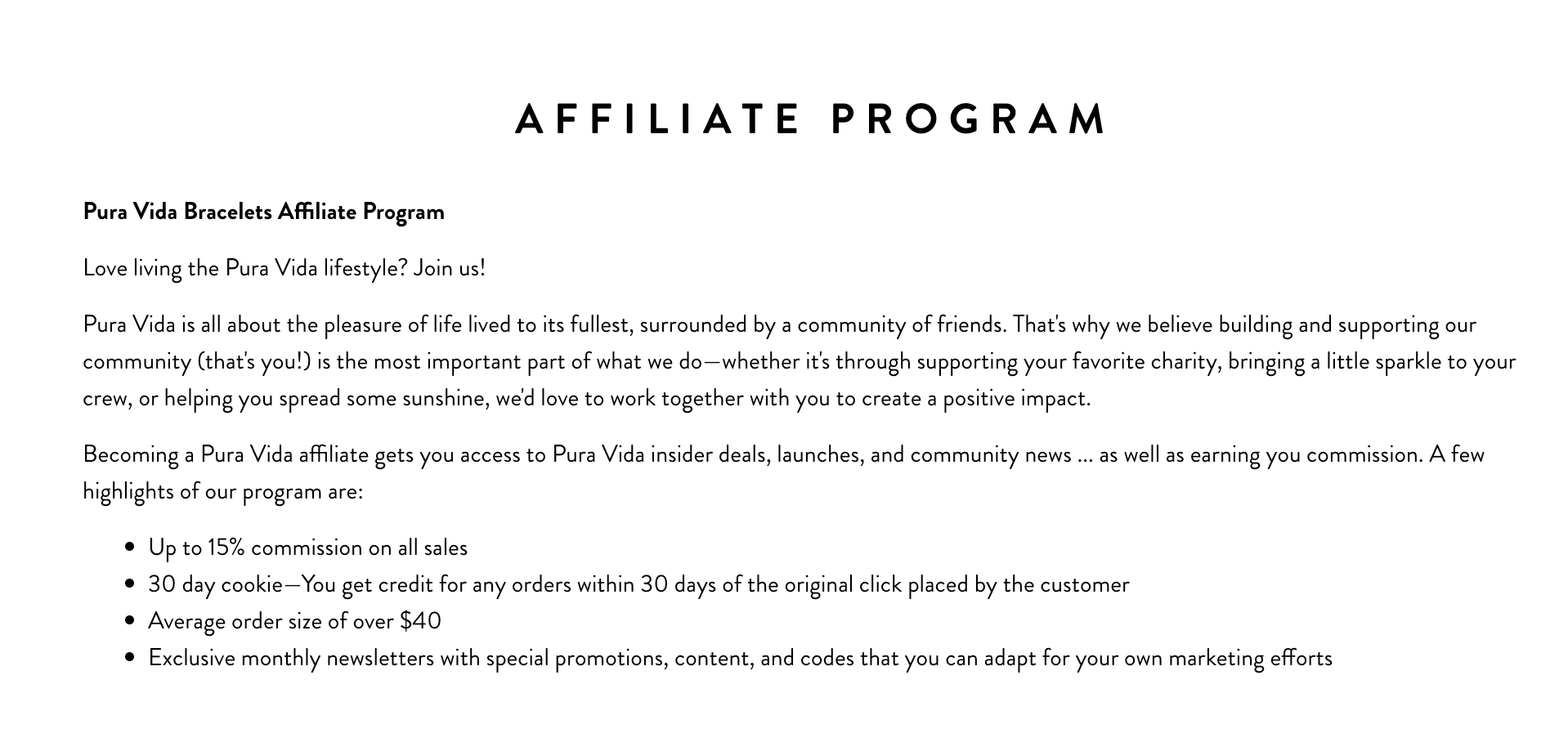 A screenshot of the details for Pura Vida's public affiliate program