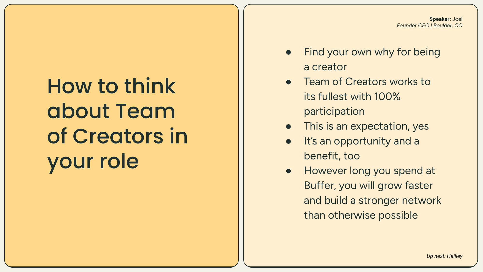 Slide from Buffer’s All Hands titled ‘How to think about Team of Creators in your role,’ outlining expectations and benefits of full participation.