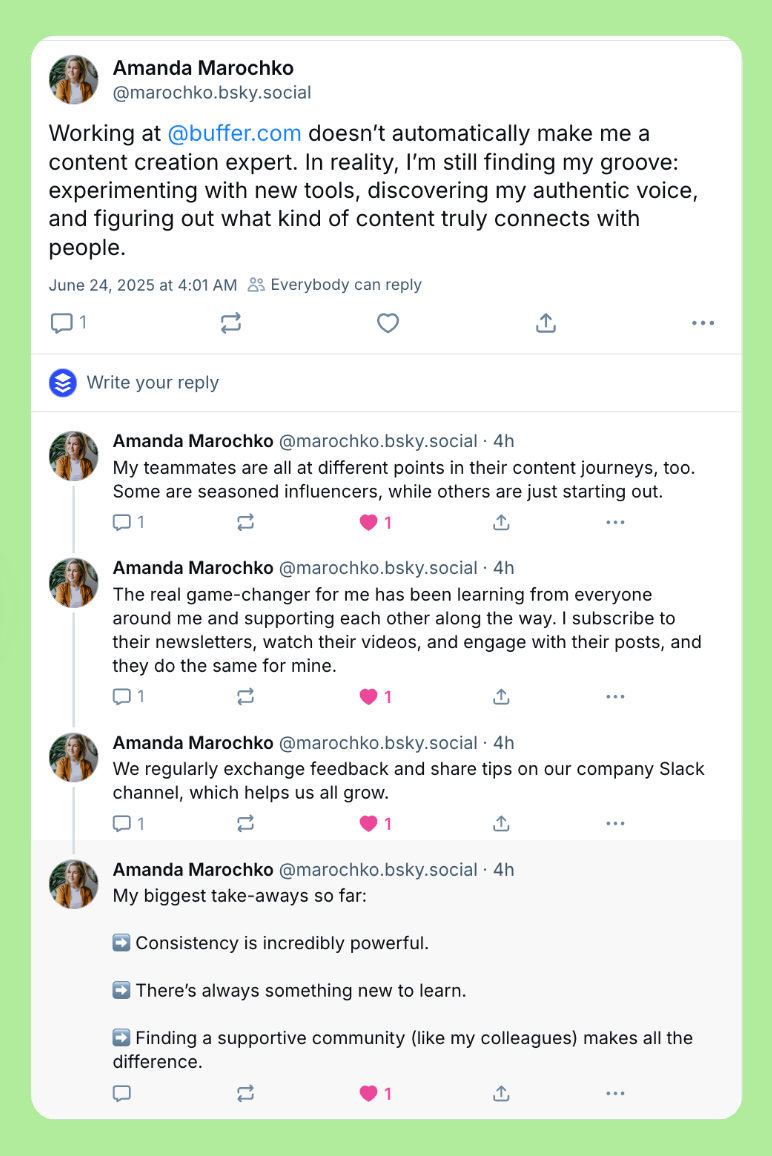 Amanda from Buffer’s Product team shares a Bluesky thread about finding her groove as a creator, highlighting consistency, learning, and community support.