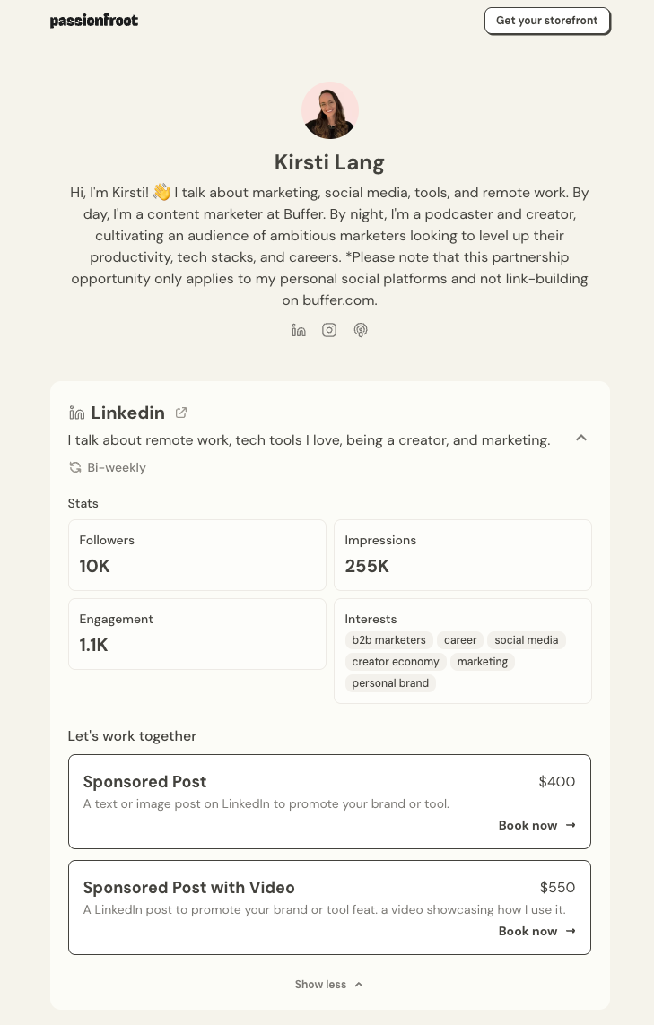 A creator storefront with audience insights, posting frequency, and pricing for sponsored LinkedIn posts, including an option with video.