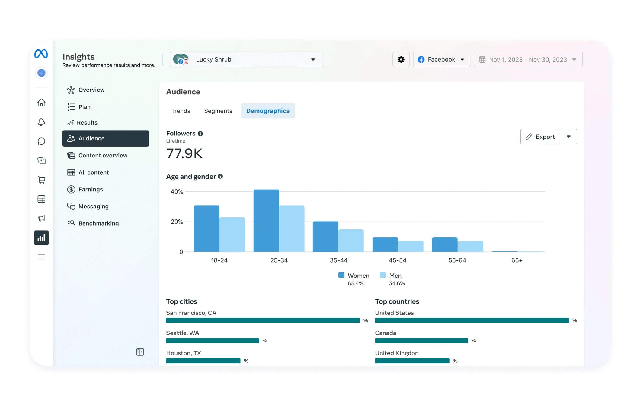 Meta Business Suite audience insights dashboard showing follower demographics by age and gender, with bar charts, top cities (San Francisco, Seattle, Houston), and countries (US, Canada, UK).