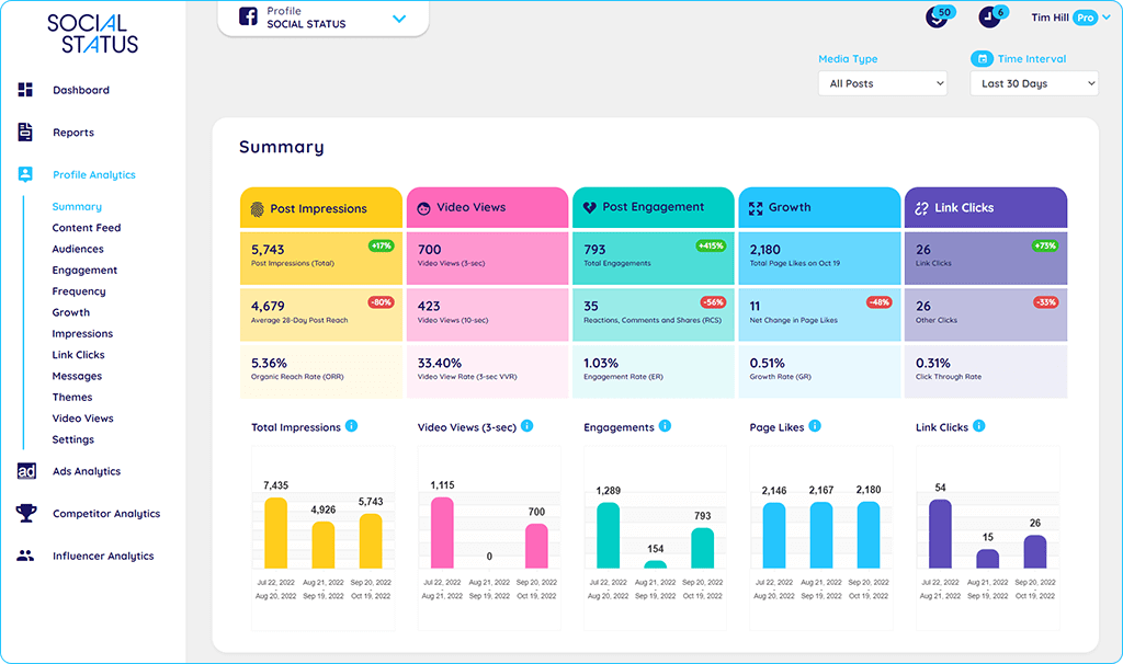 Social Status analytics summary showing post impressions, video views, engagement, growth, and link clicks over 30 days, with performance metrics and bar charts for each category.