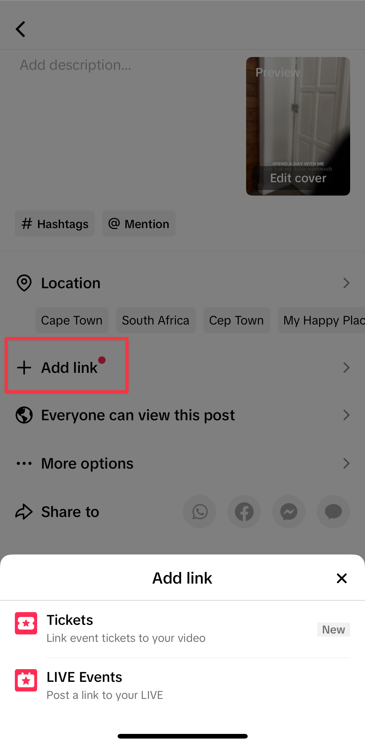 TikTok post creation screen showing the ‘+ Add link' option used to schedule and attach a TikTok Live link to a post.