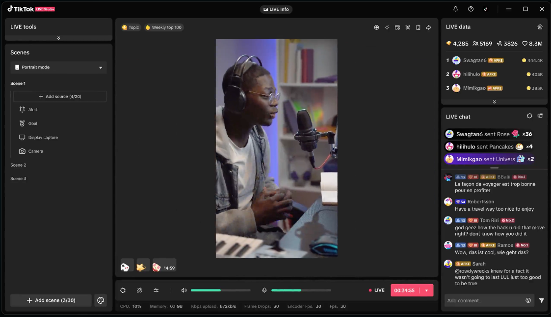 TikTok Live Studio desktop interface for TikTok live streaming.