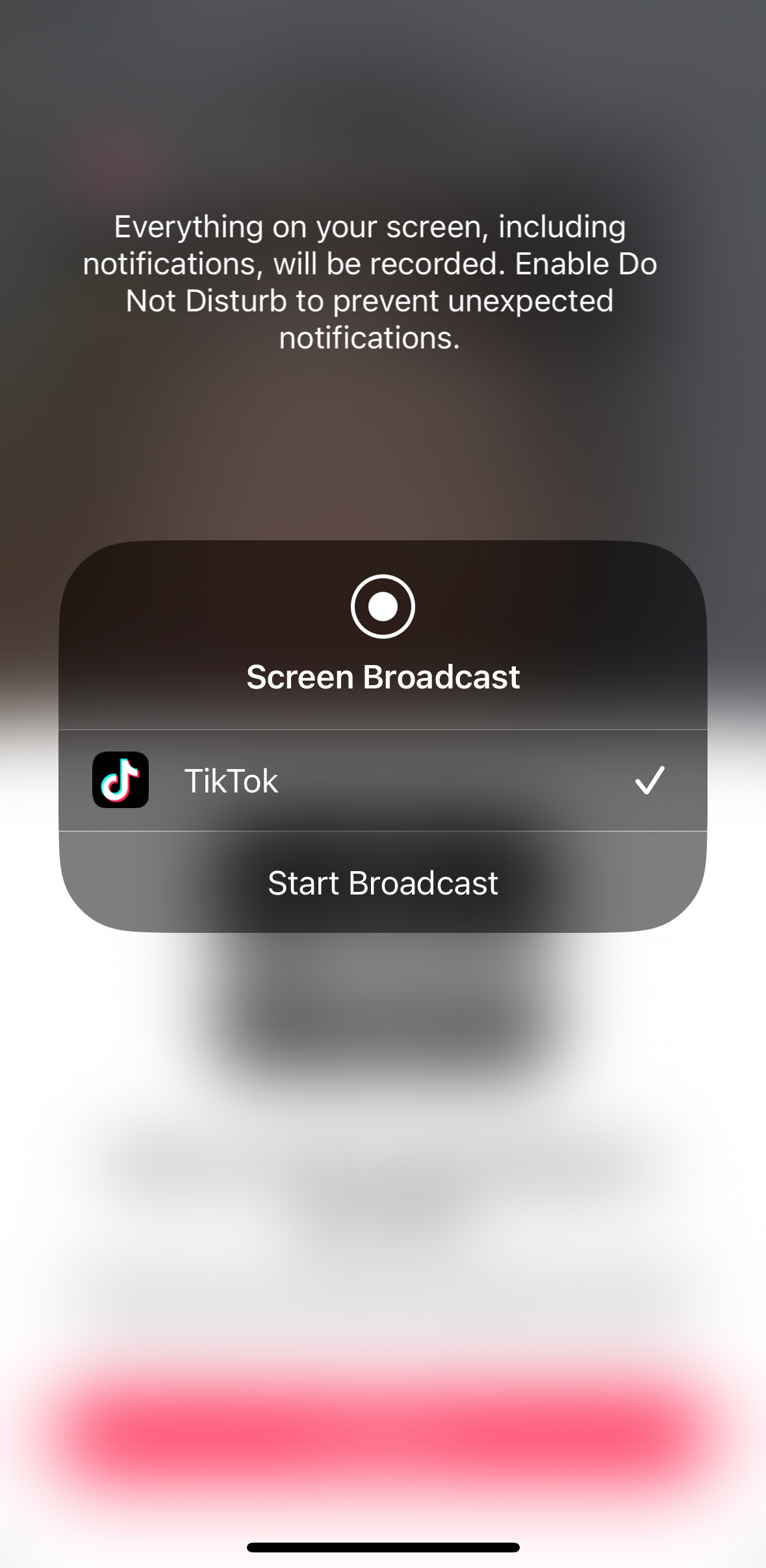 TikTok mobile gaming mode warning screen showing notice that everything on your screen will be recorded during TikTok live streaming.