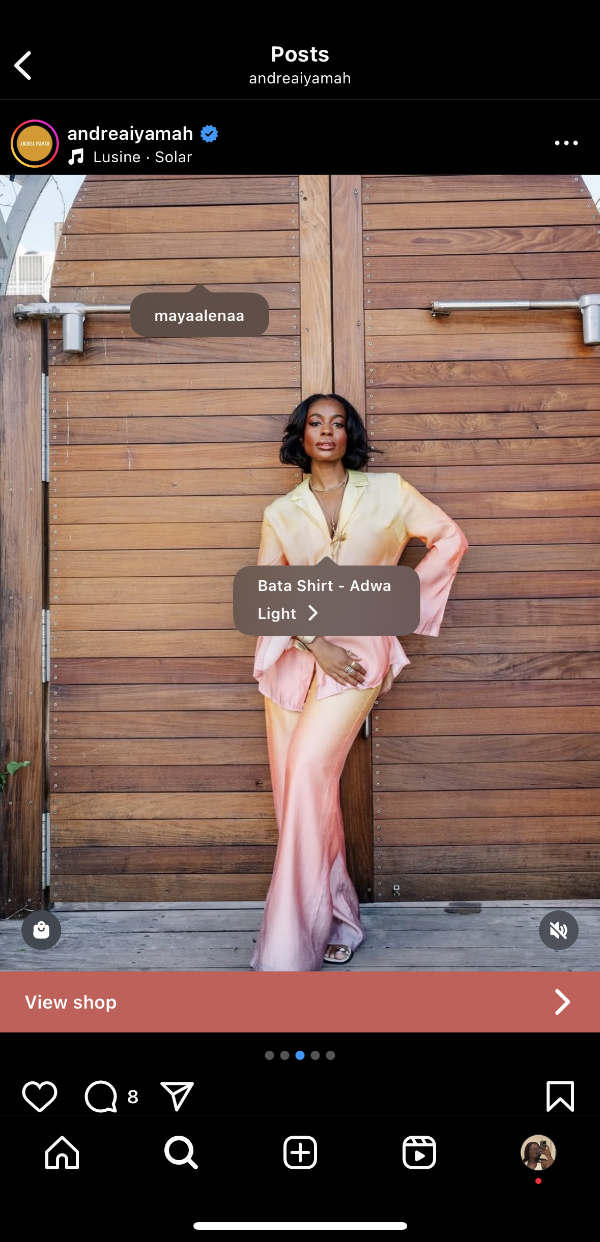 Instagram shoppable post featuring a fashion model wearing a pastel outfit with product tag and View shop button, showing how to use instagram for business to sell products directly.