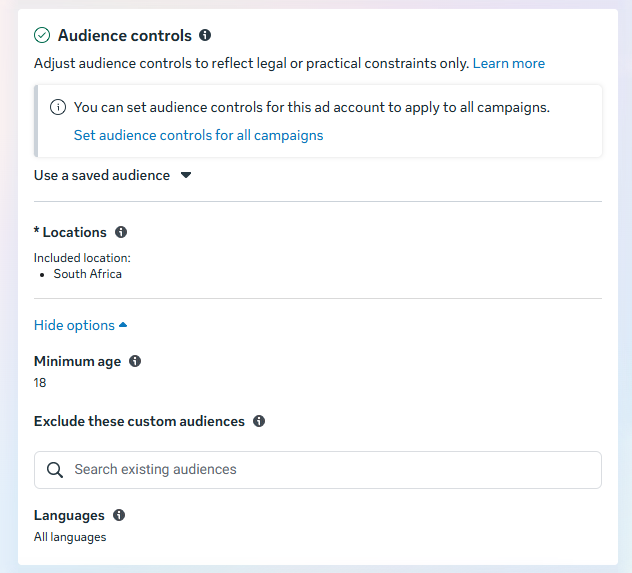 Meta Ads Manager audience controls screen showing location, age, language, and custom audience settings for how to advertise on Facebook with targeted campaigns.