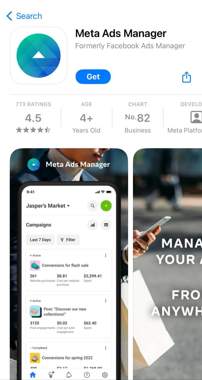 App Store listing for Meta Ads Manager app on iPhone, showing campaign dashboard and mobile tools for how to advertise on Facebook and manage ads on the go